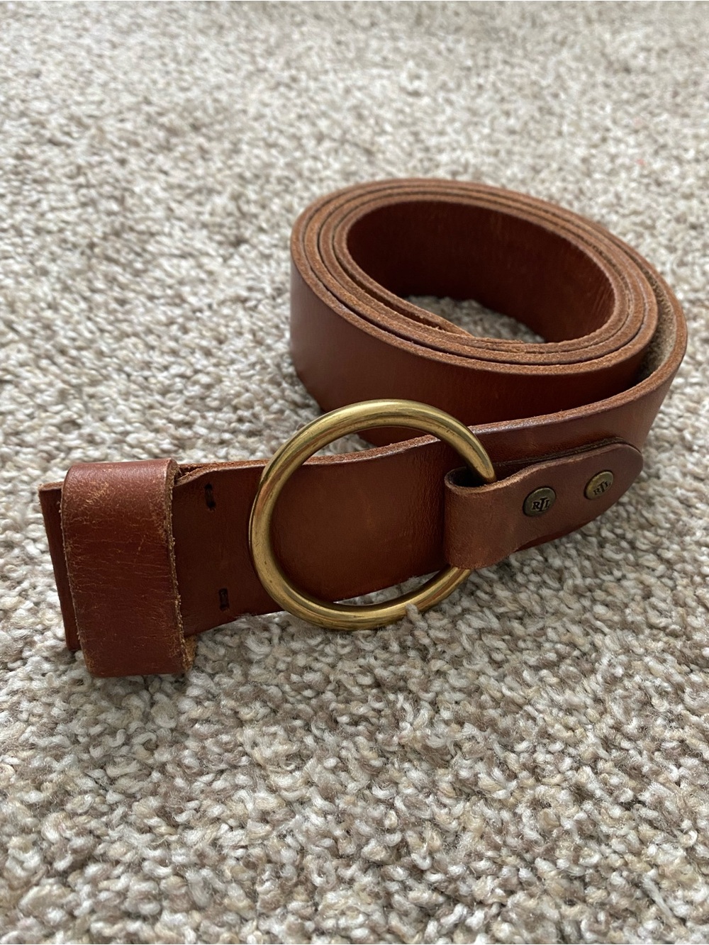 VTG Lauren Ralph Lauren Tan brown leather Ring Belt equestrian Gold Buckle XL - Picture 8 of 9